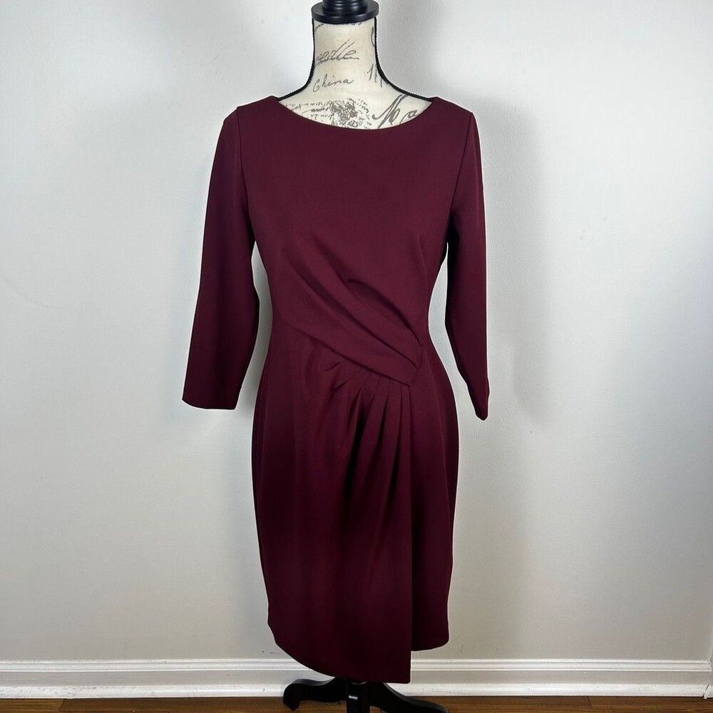 Calvin Klein Sheath Dress Womens 8 Burgundy Red Ruched Pleated 3/4 Sleeve Midi